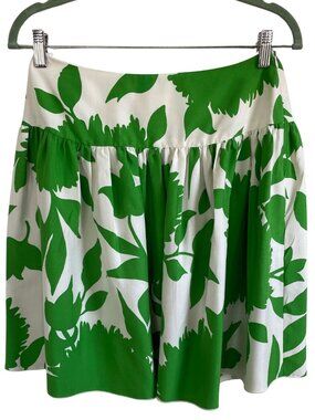 ANNA SUI Green White Floral Leaf Printed Gathered High Waist Midi Skirt 4 Preppy